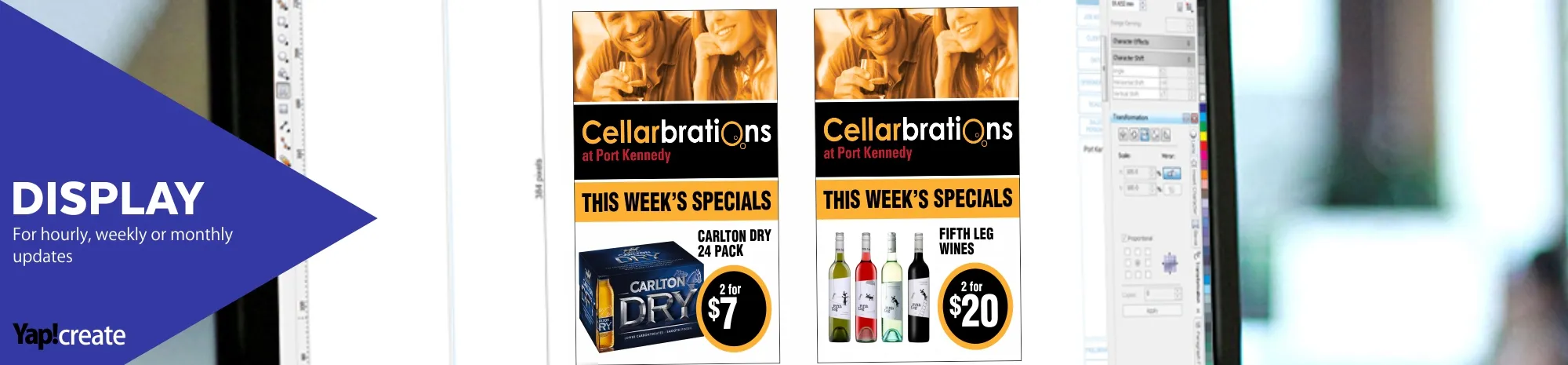 Yap!create Display: retail specials content on a design screen, "For hourly, weekly or monthly updates"